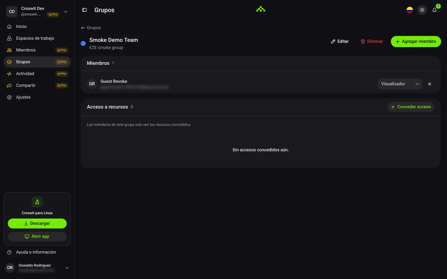 Croswit: detalle de un grupo y sus accesos