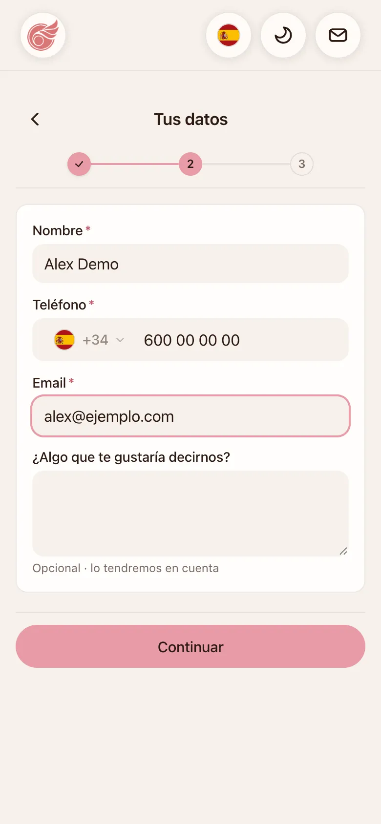 Compra en el móvil: datos de la compradora (datos de prueba, Alex Demo)
