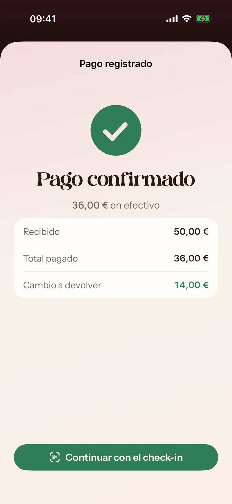 Perla iOS: pago en efectivo confirmado con cambio a devolver (datos de demostración)