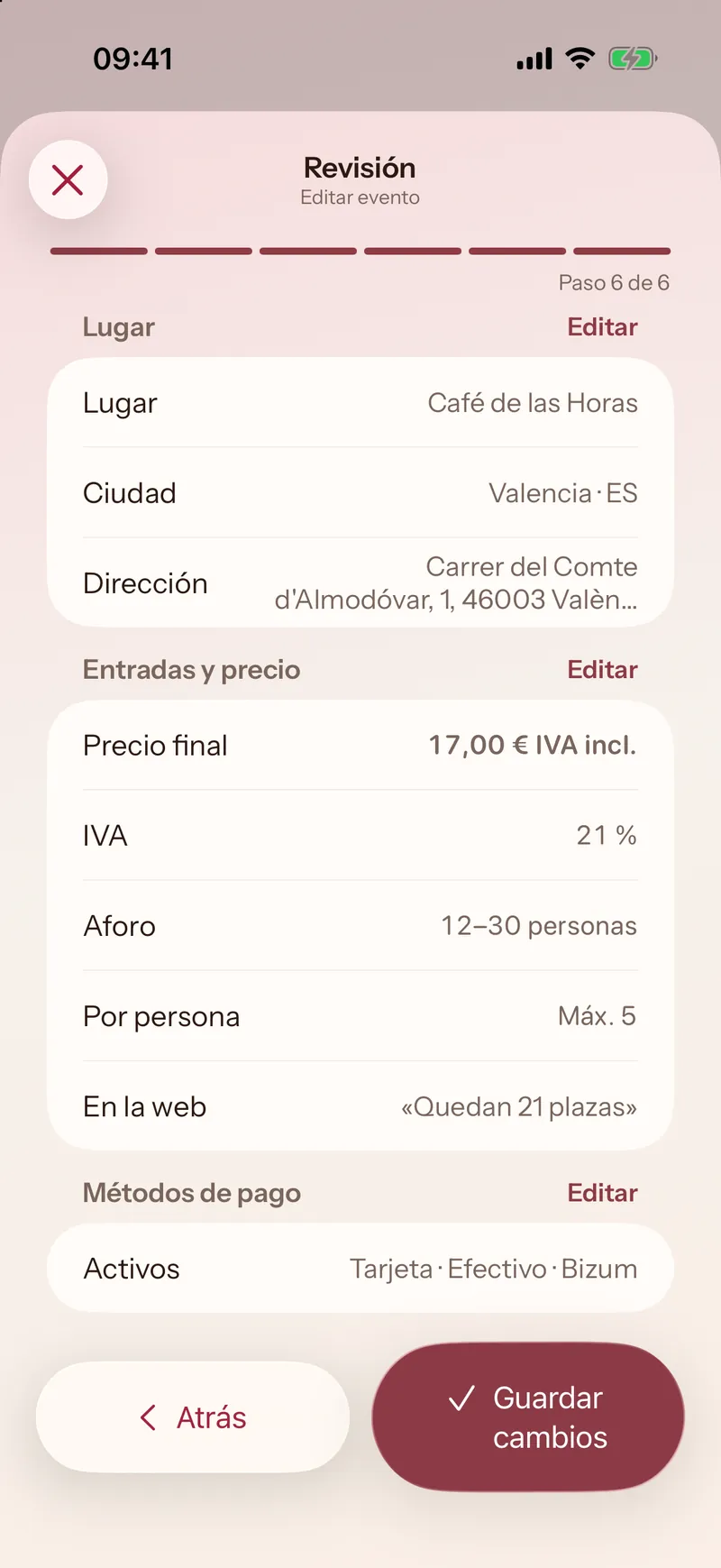 Perla iOS: revisión del evento antes de guardar