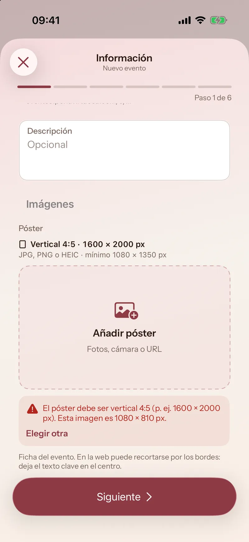 Perla iOS: póster rechazado por tamaño, con el motivo