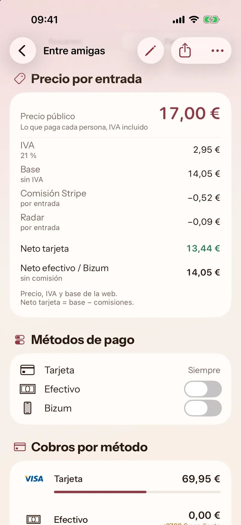 Perla iOS: desglose del precio con IVA, comisión de Stripe y Radar