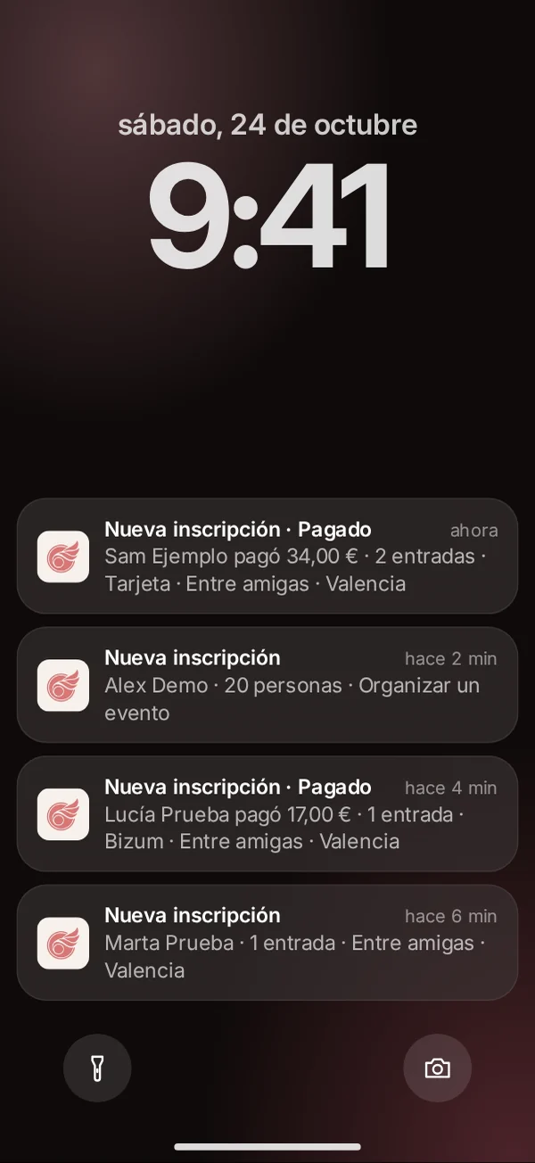 iPhone: avisos de Perla «Nueva inscripción» y «Nueva inscripción · Pagado» (datos de demostración)